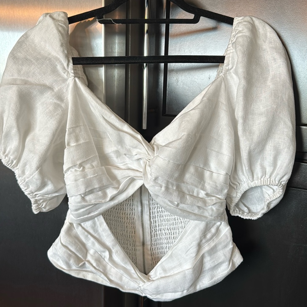 Reformation White Twist Front Puff Sleeve Crop Top - Picture 4 of 6